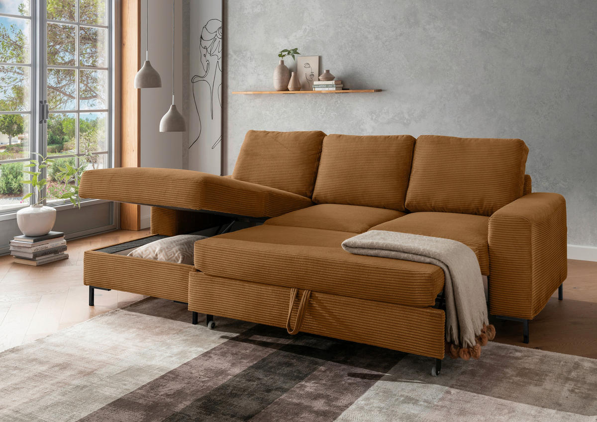 ECKSCHLAFSOFA in Cord Goldfarben  - Goldfarben/Schwarz, KONVENTIONELL, Textil/Metall (143/237cm) - Livetastic