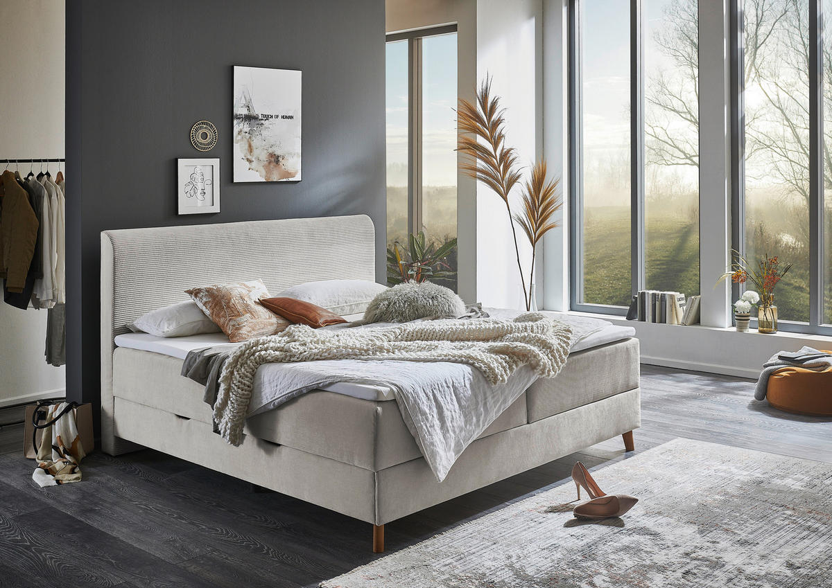 BOXSPRINGBETT 160/200 cm,  in Beige, Bettkasten, Topper, H3 = fest  - Eichefarben/Beige, Design, Holz/Textil (160/200cm) - Boxxx