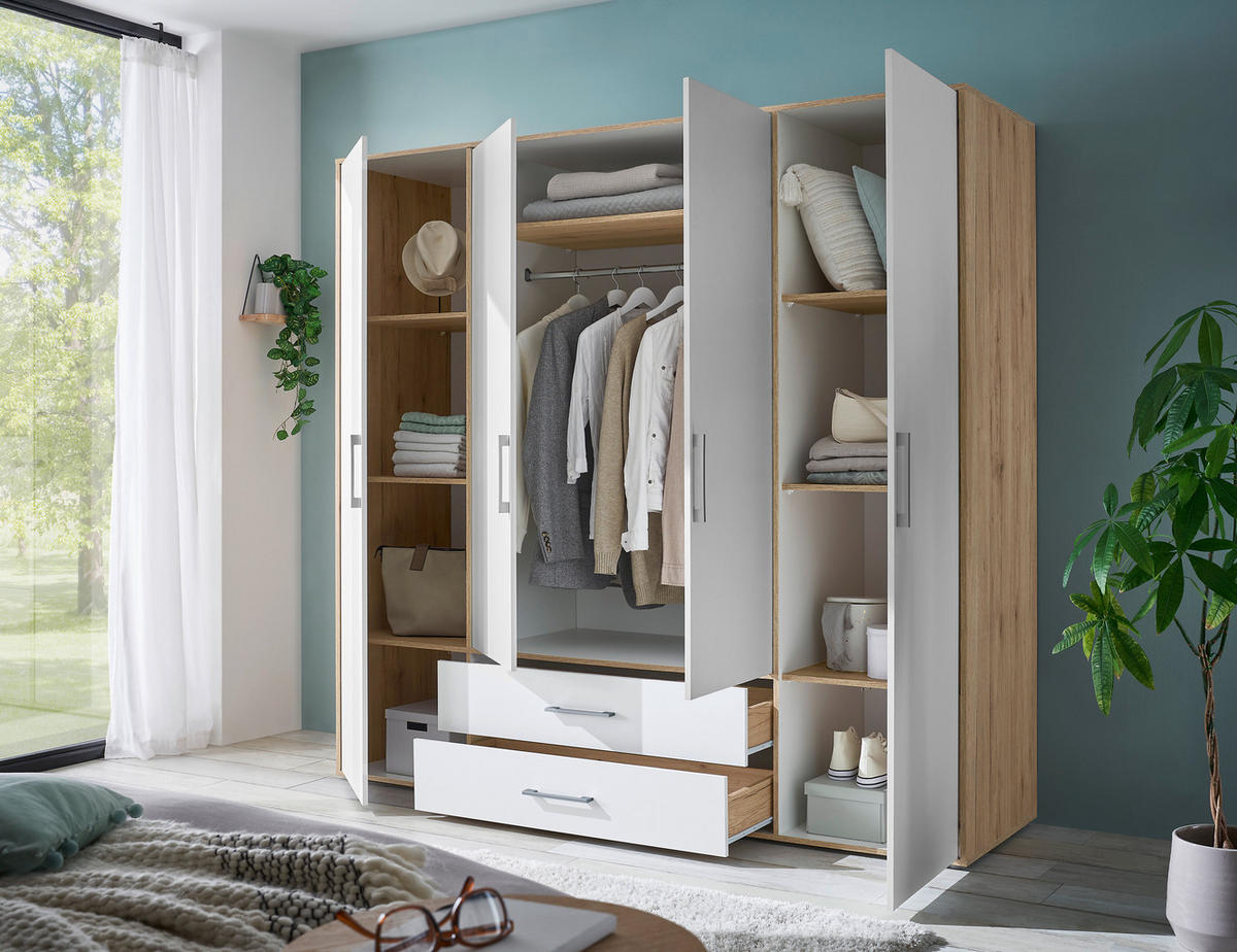 KLEIDERSCHRANK 206/195/60 cm 4-türig Weiß, Eiche Artisan  - Alufarben/Weiß, Basics, Holzwerkstoff/Kunststoff (206/195/60cm)