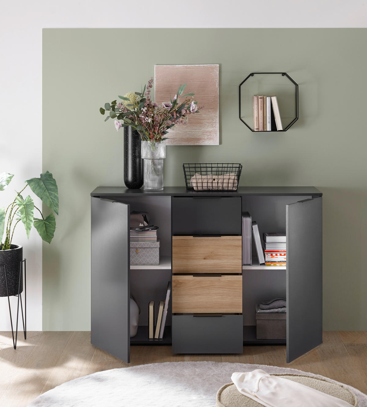 SIDEBOARD  in 135/89/40 cm  - Eichefarben/Schwarz, KONVENTIONELL, Holzwerkstoff/Kunststoff (135/89/40cm) - Carryhome