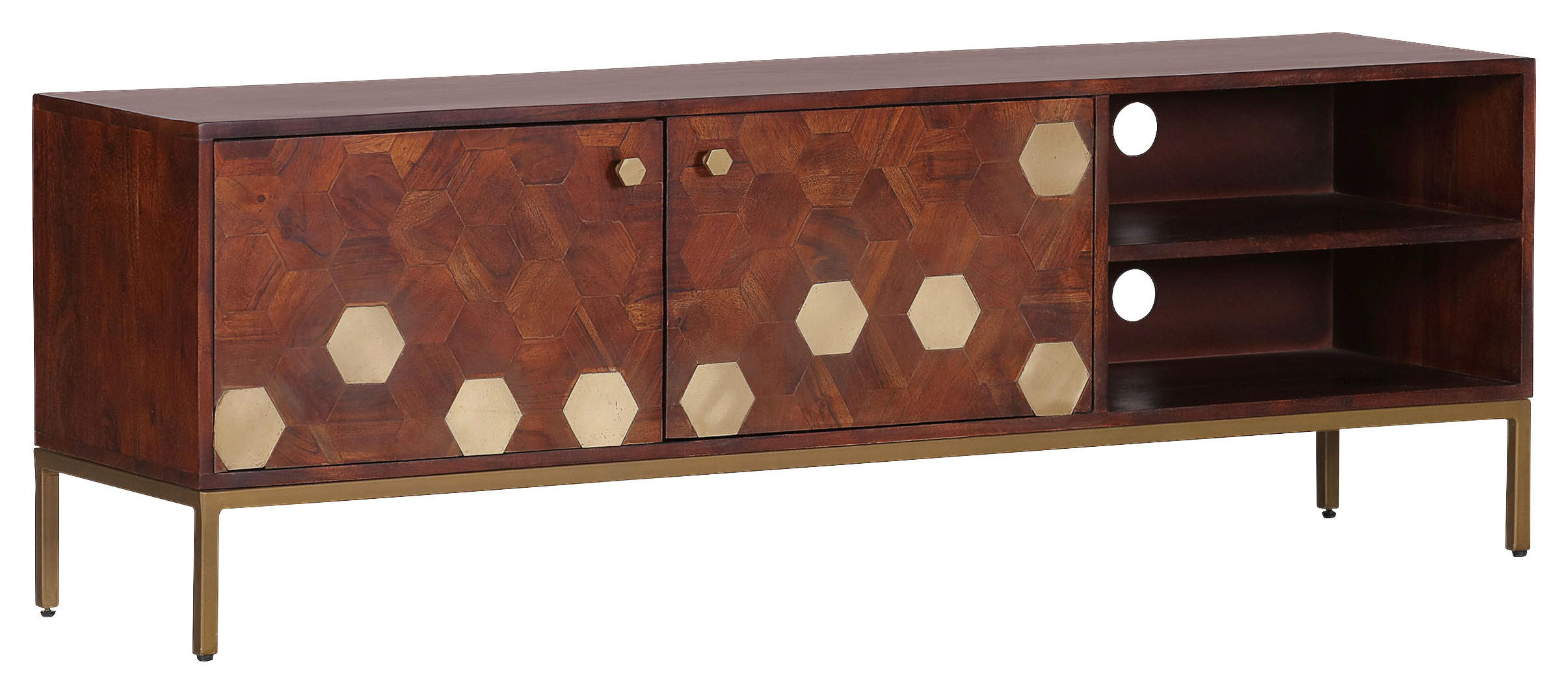 LOWBOARD Hexagon  in 150/50/40 cm  - Messingfarben/Akaziefarben, Design, Holz/Metall (150/50/40cm)