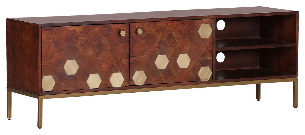 LOWBOARD Hexagon  in 150/50/40 cm  - Messingfarben/Akaziefarben, Design, Holz/Metall (150/50/40cm)