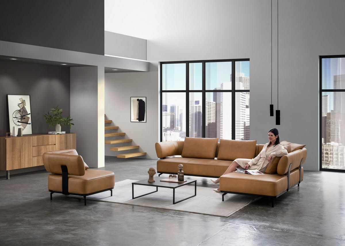 ECKSOFA in Echtleder Dunkelgelb  - Dunkelgelb/Schwarz, Design, Leder/Metall (282/222cm) - Dieter Knoll