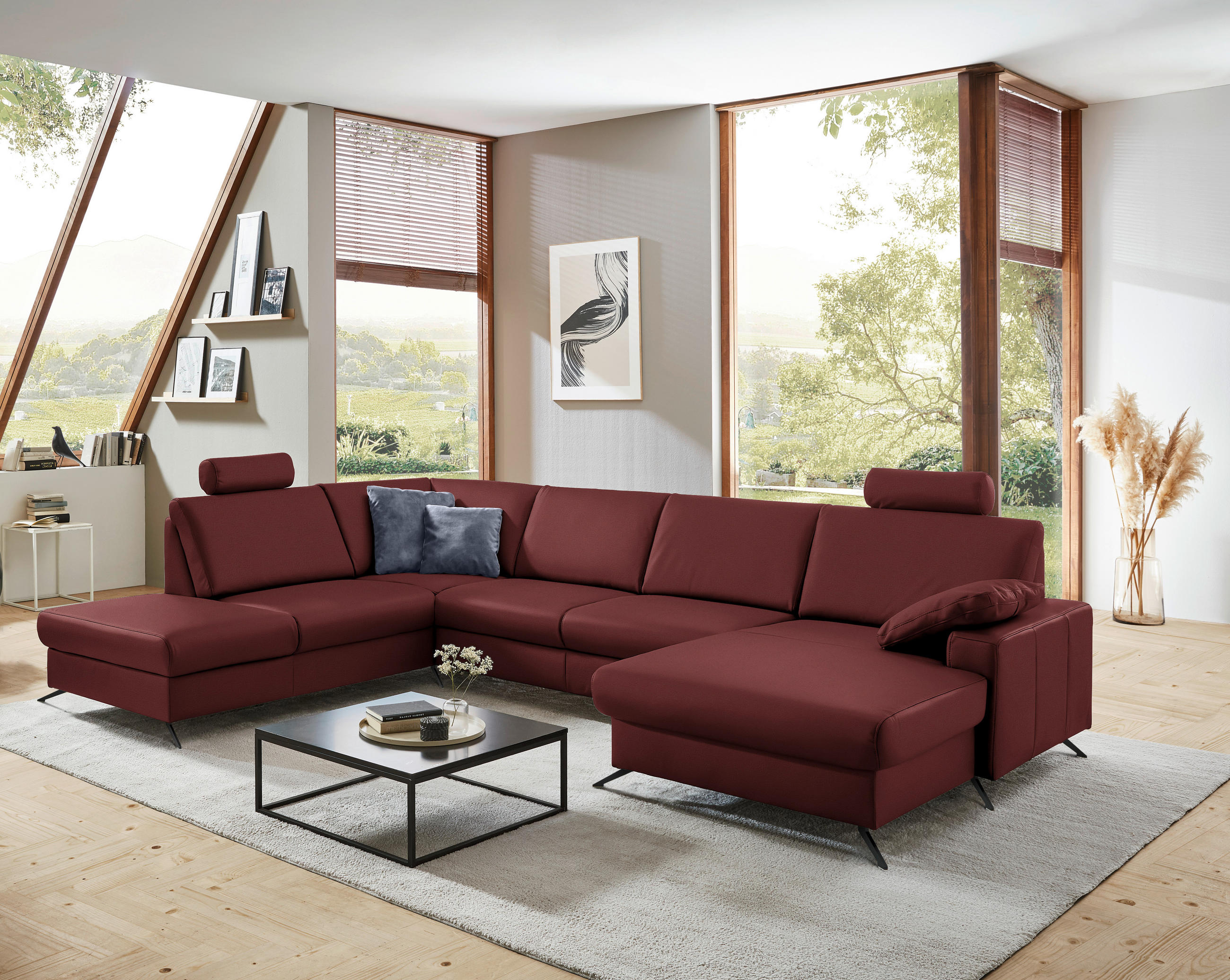 WOHNLANDSCHAFT in Echtleder Brombeere  - Brombeere/Schwarz, Design, Leder/Metall (233/339/165cm) - Beldomo Premium