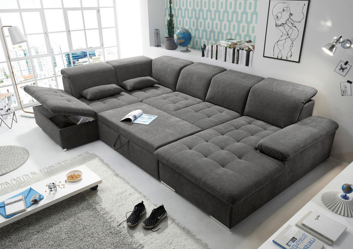 SOFFA i mikrovelour mörkgrå  - mörkgrå/silver, Klassisk, textil/plast (240/340/188cm) - MID.YOU
