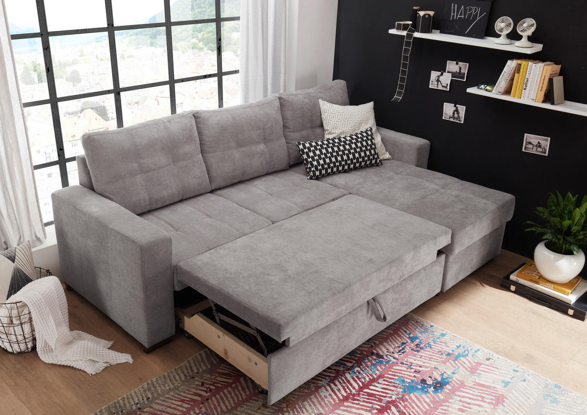 ECKSOFA Hellgrau Mikrovelours  - Hellgrau/Schwarz, Basics, Kunststoff/Textil (230/154cm) - MID.YOU