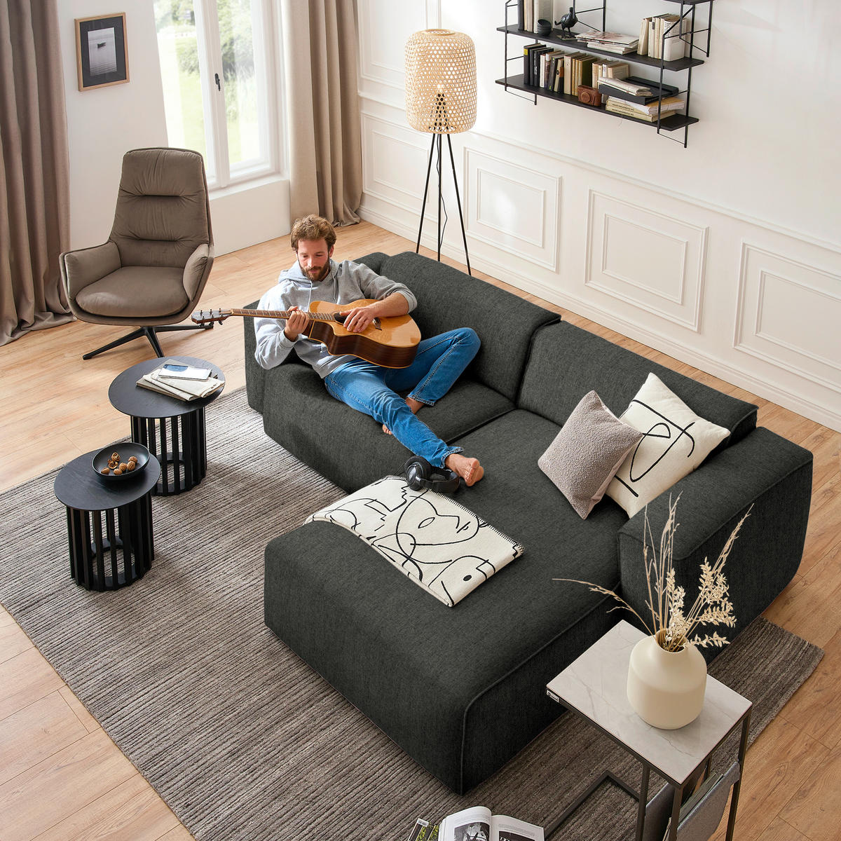 ECKSOFA  in Webstoff Dunkelgrün  265/171 cm  - Dunkelgrün/Schwarz, Design, Kunststoff/Textil (265/171cm) - home24