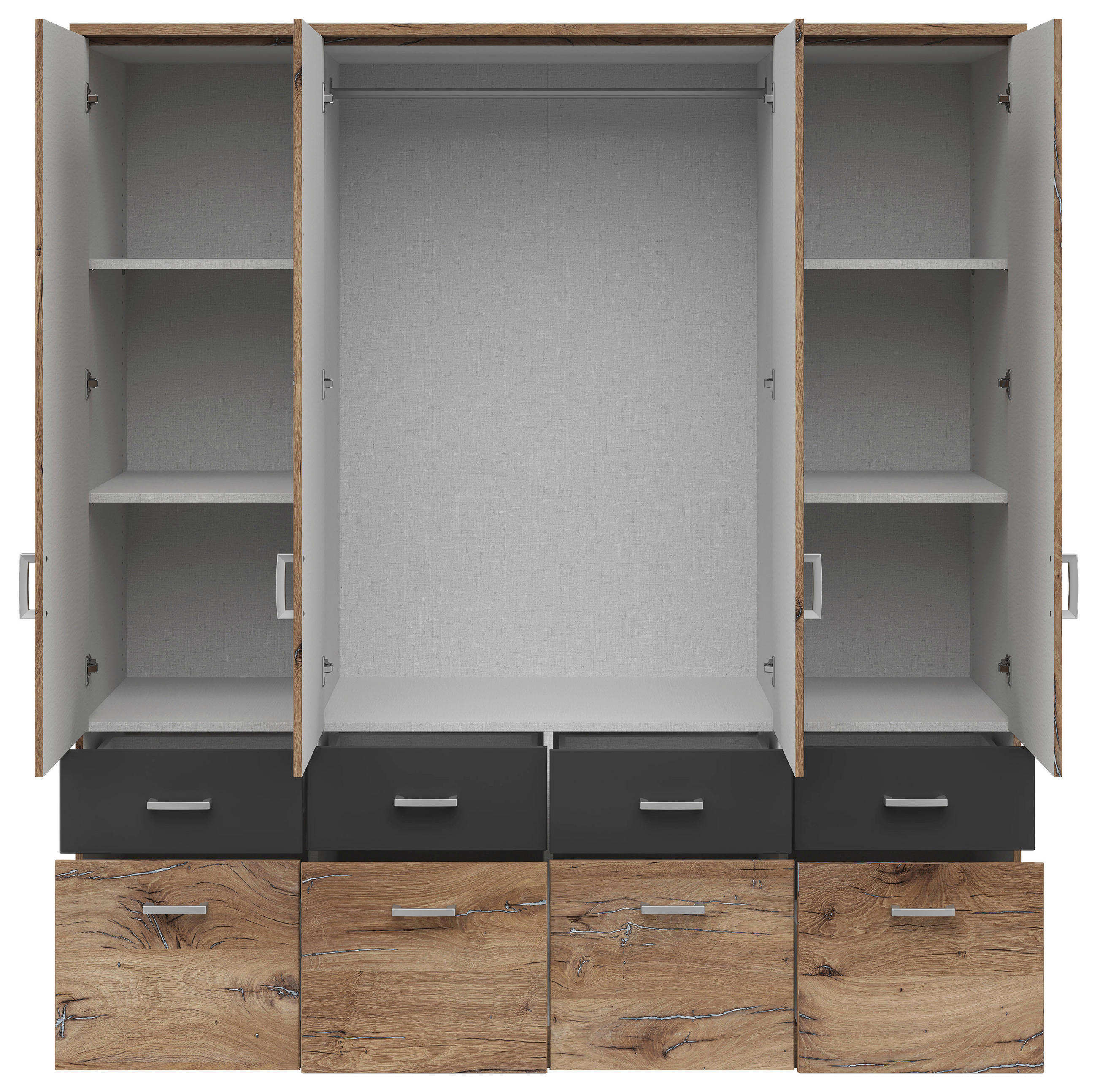 KLEIDERSCHRANK 181/199/58 cm 4-türig Graphitfarben, Eichefarben  - Eichefarben/Silberfarben, KONVENTIONELL, Holzwerkstoff/Kunststoff (181/199/58cm) - MID.YOU