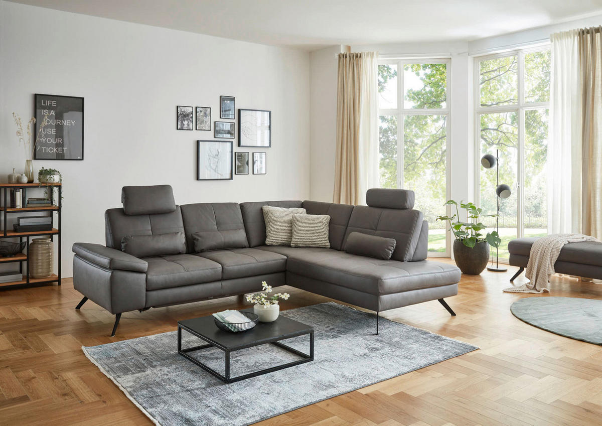 ECKSOFA in Lederlook, Mikrofaser Dunkelgrau  - Dunkelgrau/Schwarz, Design, Textil/Metall (261/220cm) - Beldomo System