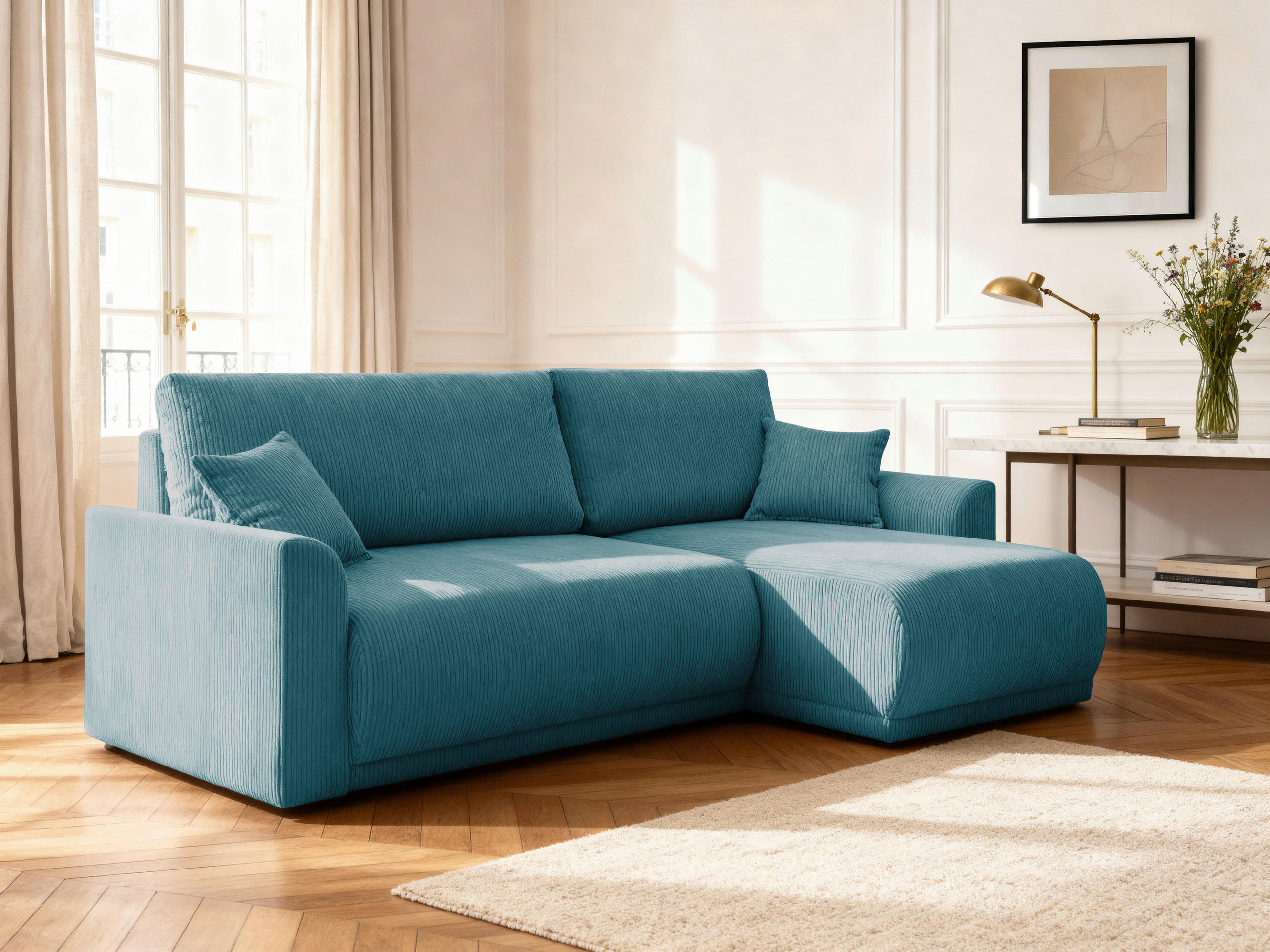 ECKSOFA KIMMY Hellblau Cord Zierkissen, Rückenkissen, Bettkasten  - Schwarz/Hellblau, Design, Kunststoff/Textil (233/146cm) - P & B