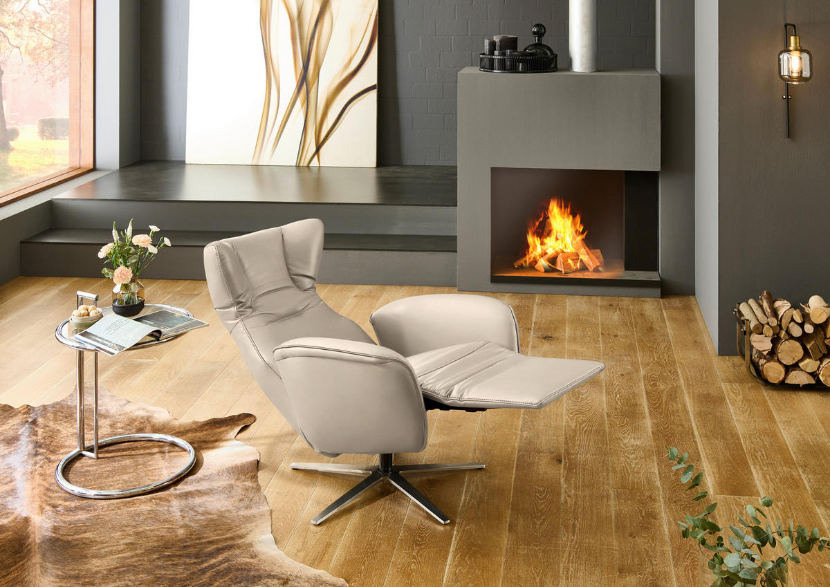 RELAXSESSEL Leder Ecru  - Ecru/Schwarz, Design, Leder/Metall (75/106/86cm) - Valdera