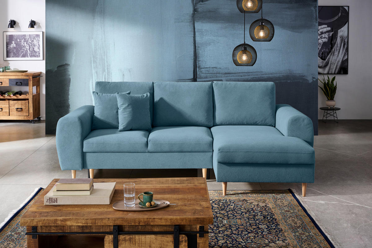 ECKSOFA in Webstoff Blau  - Blau/Naturfarben, Konventionell, Holz/Textil (250/145cm) - MID.YOU
