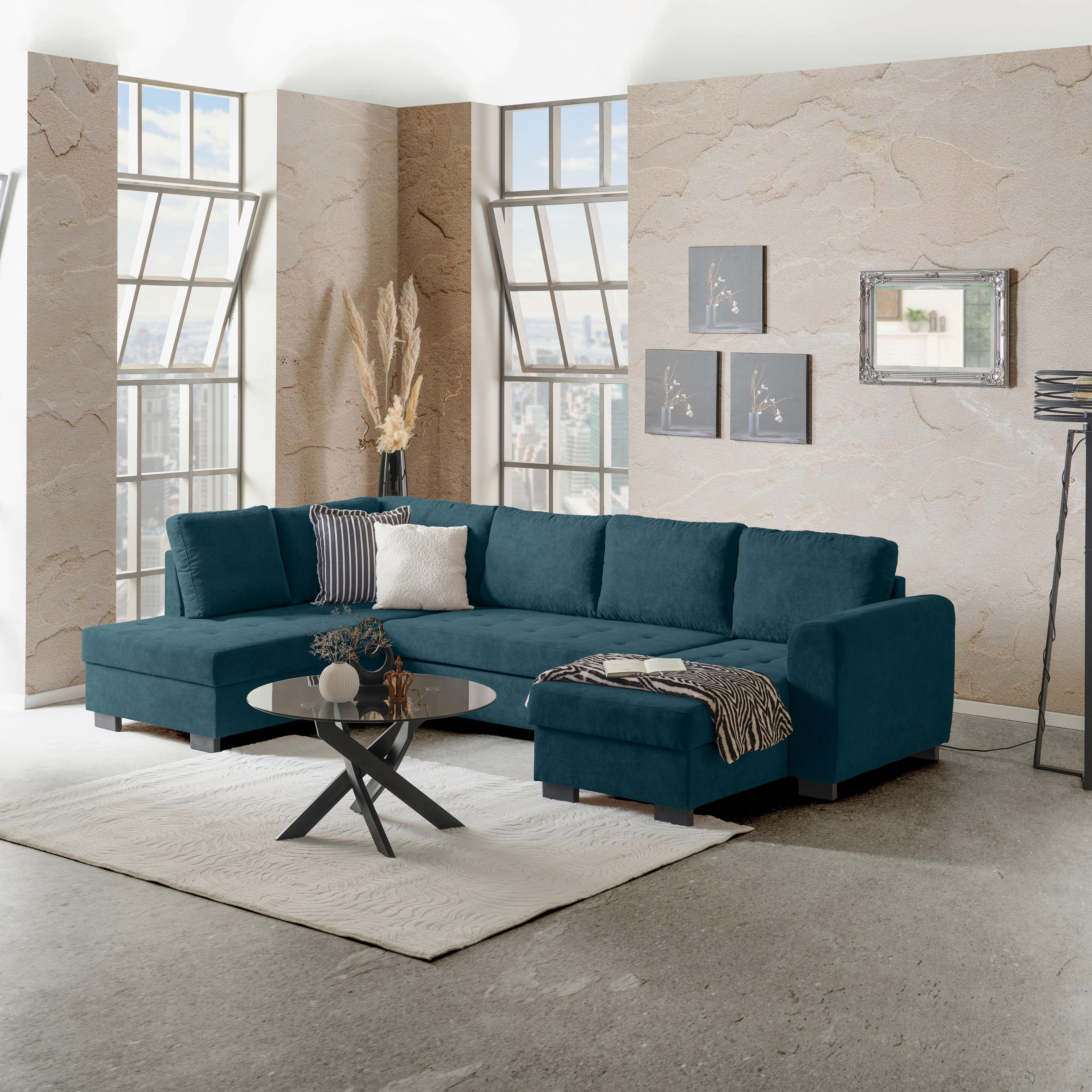 WOHNLANDSCHAFT Blau Mikrofaser  - Blau/Schwarz, MODERN, Kunststoff/Textil (178/305/155cm) - P & B