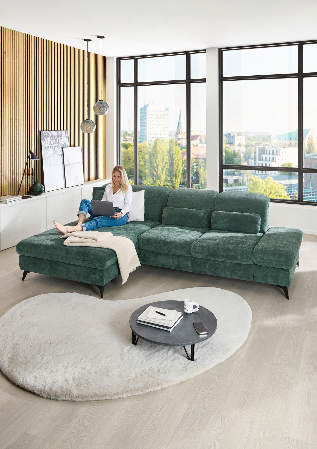 ECKSOFA Dunkelgrün Chenille  - Dunkelgrün/Schwarz, Design, Textil/Metall (198/288cm) - Beldomo Style