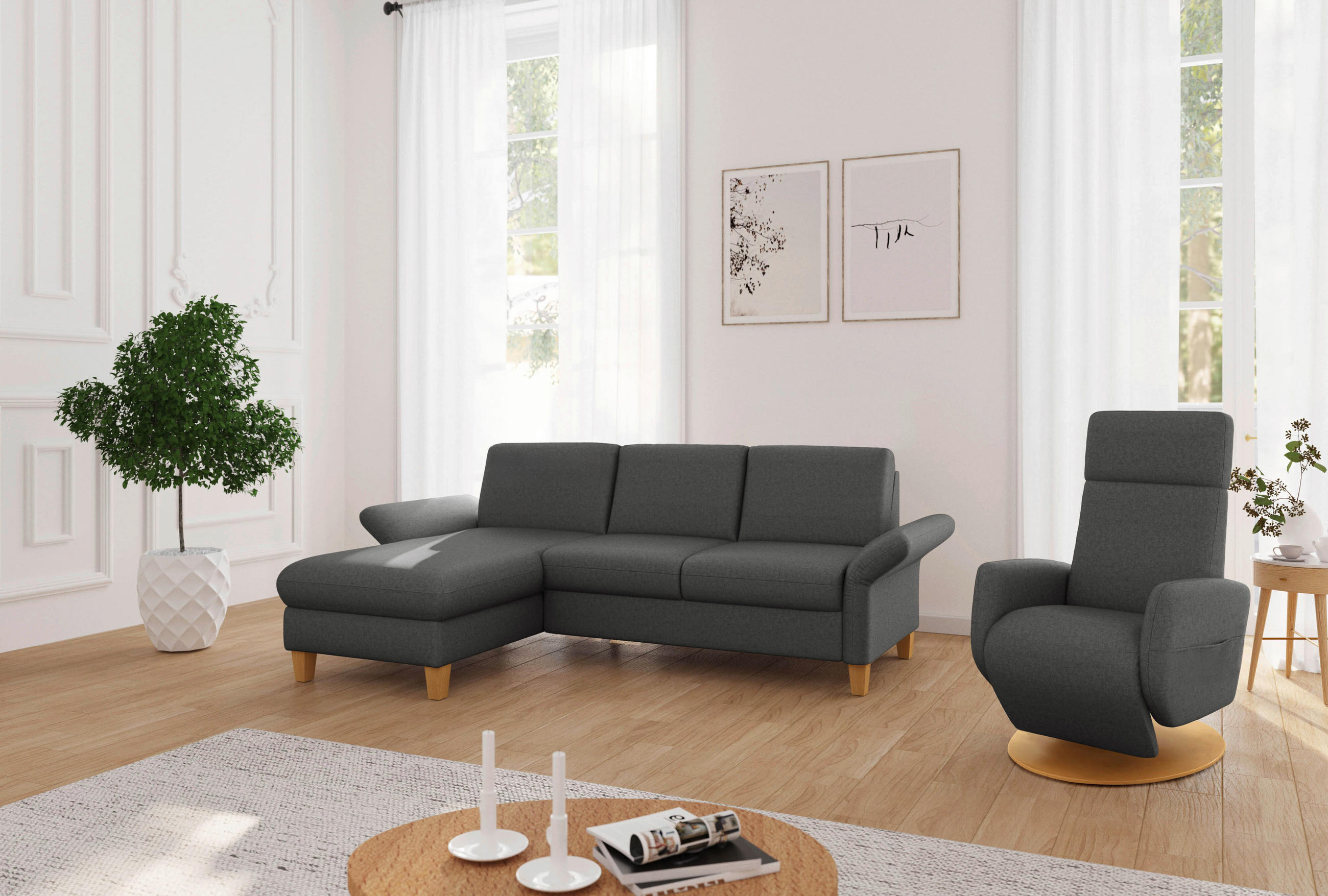 Thumbnail - Sit & More Ecksofa Rochelle E, Dunkelgrau, Textil, Buche, massiv, 4,5-Sitzer, Ottomane links, L-Form, 251x164 cm, Golden...