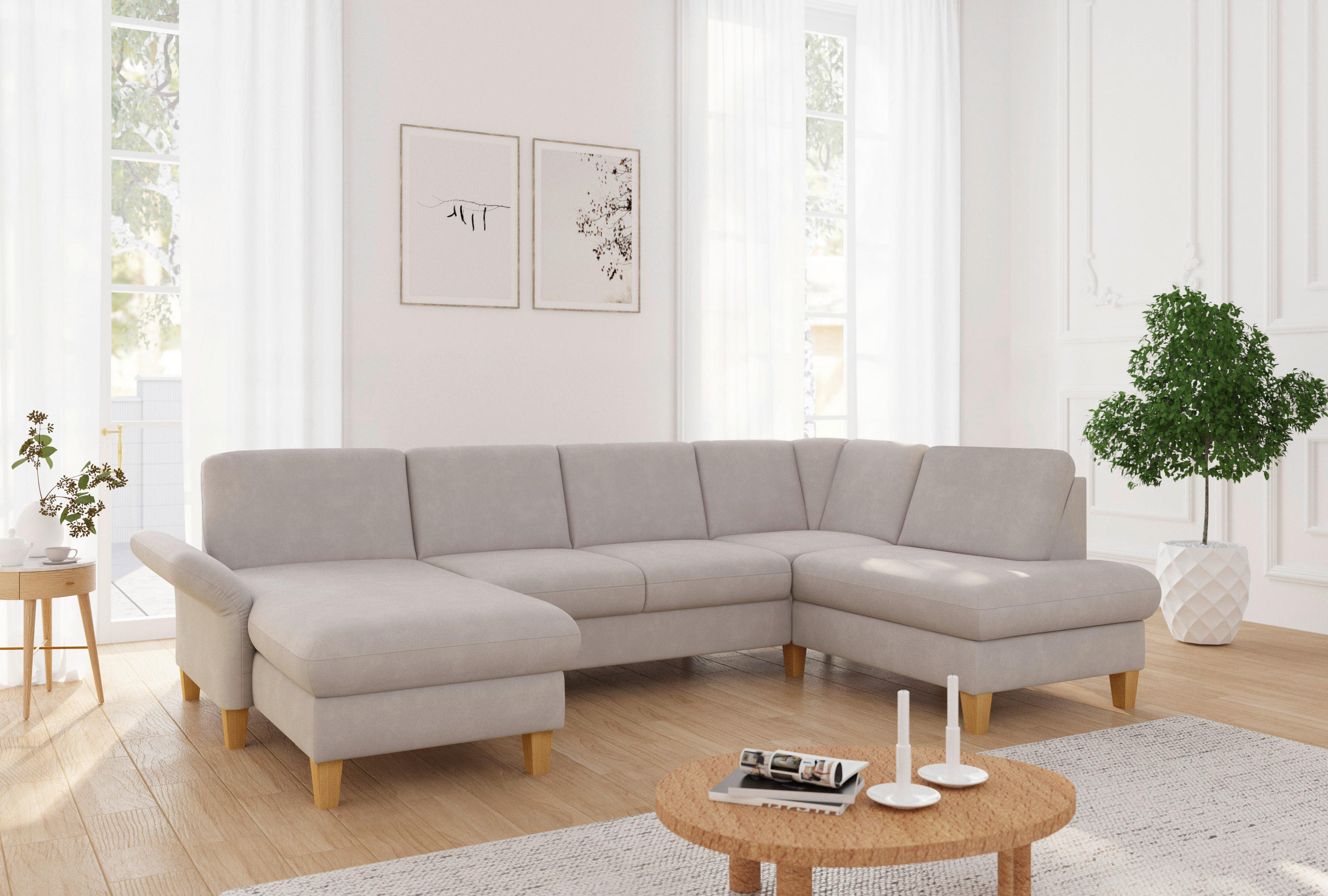 WOHNLANDSCHAFT ROCHELLE E Greige Flachgewebe  - Greige/Eichefarben, KONVENTIONELL, Holz/Textil (164/314/195cm) - Sit & More