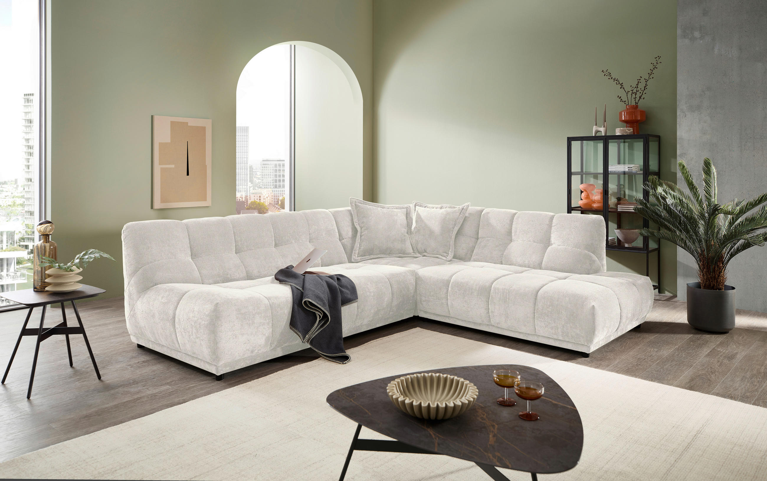 ECKSOFA ITALIA Creme Chenille  - Creme/Schwarz, MODERN, Kunststoff/Textil (284/250cm) - Livetastic