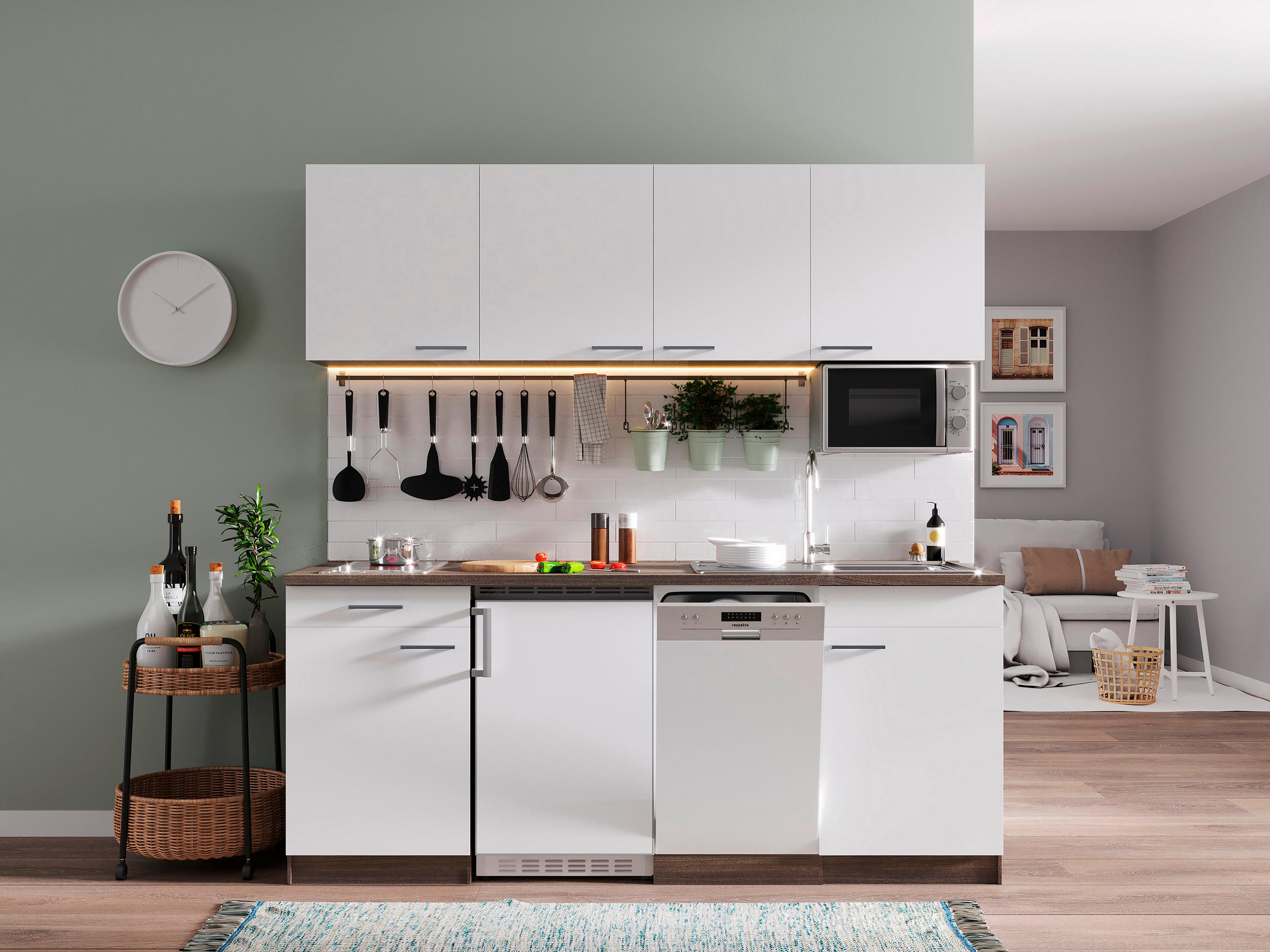 MODULKÖK 195 cm   i vit, ekfärgad  - vit/ekfärgad, Basics, trämaterial (195cm) - Respekta