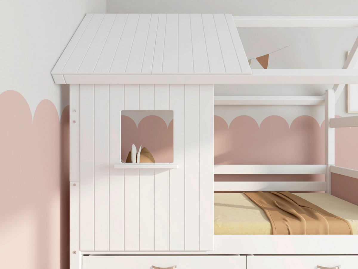 HAUSBETT 90/200 cm,  in Rosa, Weiß, Rollrost, Bettschublade  - Rosa/Weiß, MODERN, Holz (90/200cm) - Chameo