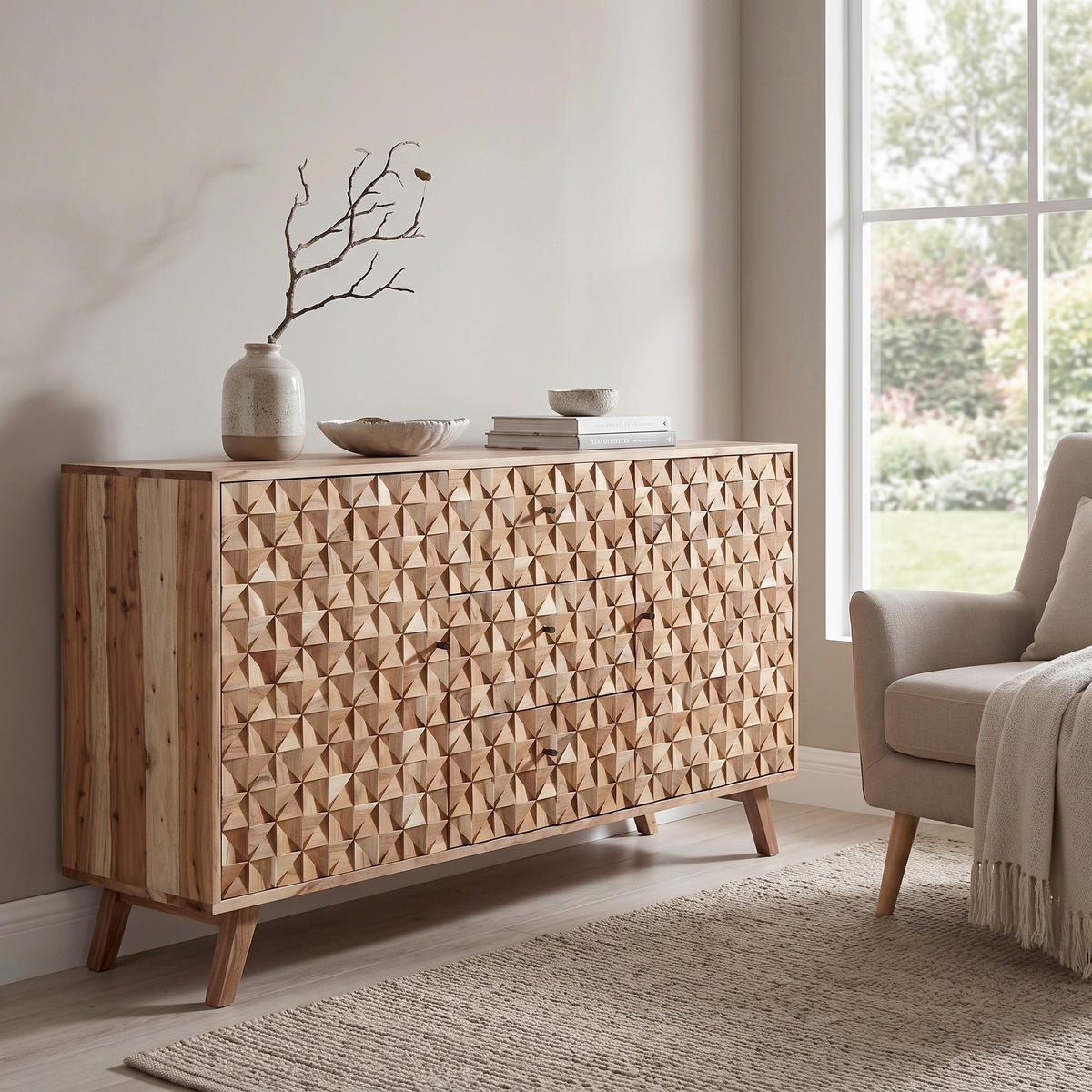 SIDEBOARD   3 Schublade(n)  - Schwarz/Akaziefarben, Design, Holz/Metall (140/40/79cm) - MID.YOU