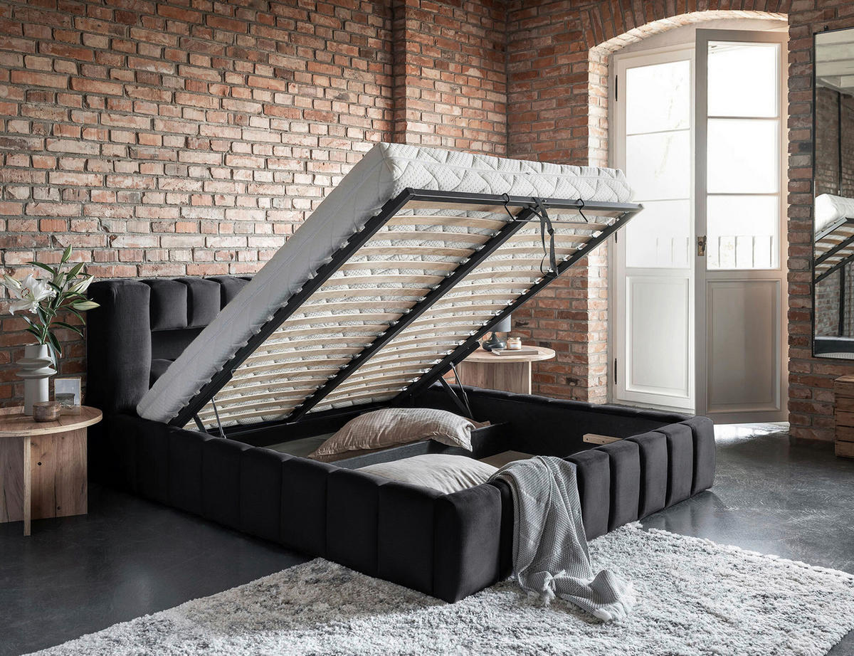 POLSTERBETT Beleuchtung, Lattenrost, Bettkasten 160/200 cm  in Schwarz  - Beige/Schwarz, MODERN, Holz/Kunststoff (160/200cm) - MID.YOU