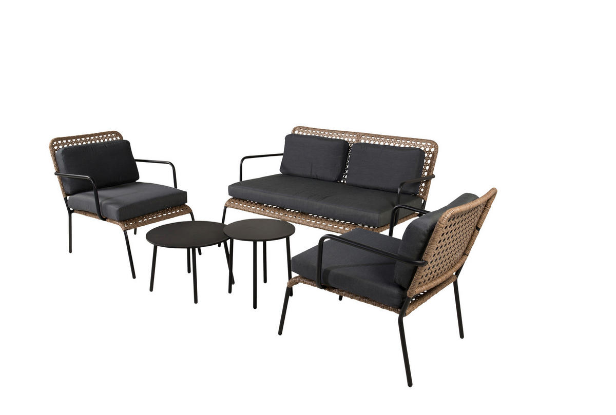 LOUNGEGARNITUR   Rattan Stahl  - Dunkelgrau/Schwarz, KONVENTIONELL, Naturmaterialien/Holz - Gardenson