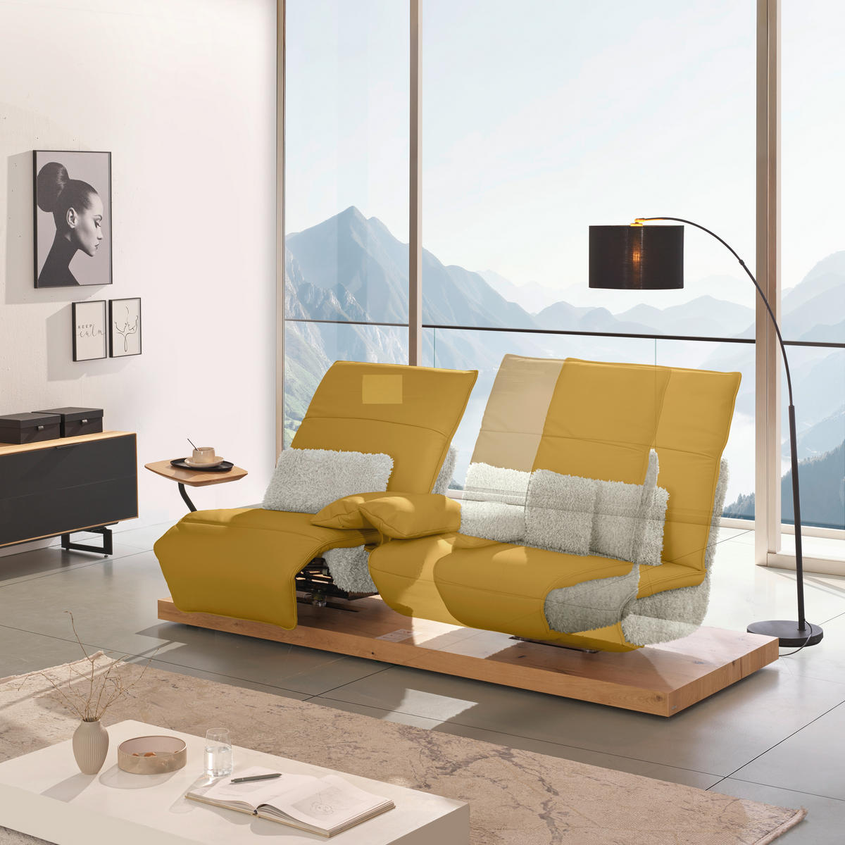 2-SITZER-SOFA  in Hochflor Echtleder Creme, Currygelb  - Currygelb/Creme, Design, Leder/Holz (240/65/104cm) - Koinor