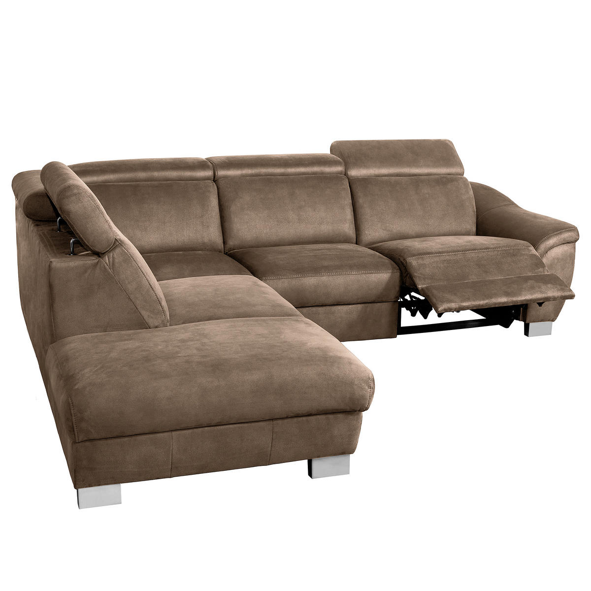 ECKSOFA Braun Mikrofaser Rücken echt, Relaxfunktion, Kopfteilverstellung  - Chromfarben/Braun, Design, Textil/Metall (276/238cm) - Livetastic