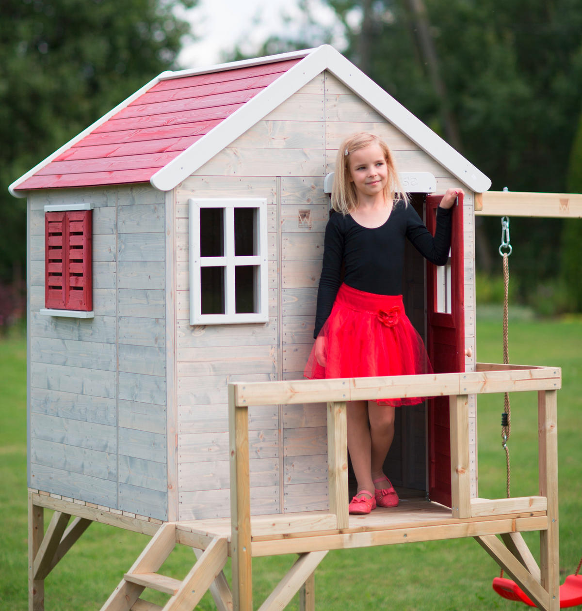 SPIELHAUS 350/242/192 cm  - Rot/Naturfarben, KONVENTIONELL, Holz (350/242/192cm) - Ambia Garden