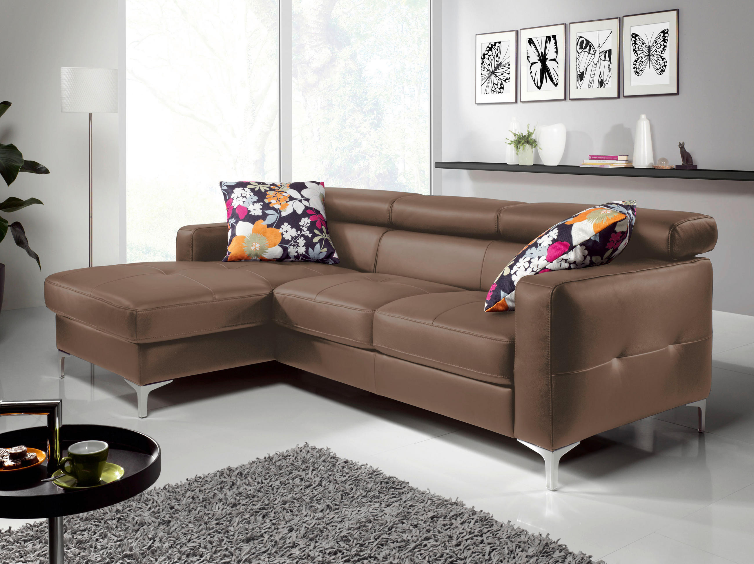 ECKSOFA in Echtleder Graubraun  - Chromfarben/Graubraun, Design, Leder/Metall (168/227cm) - Livetastic