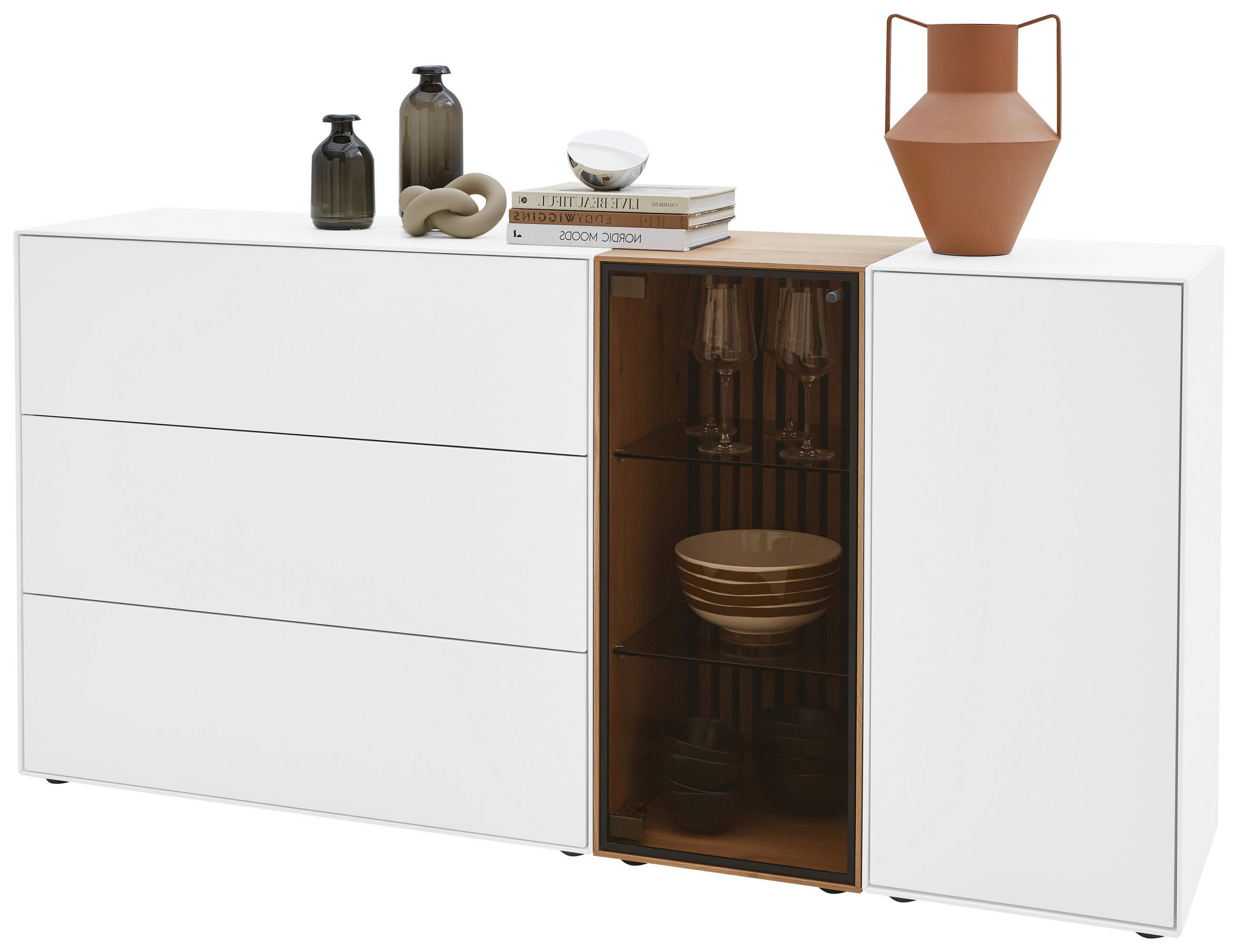 SIDEBOARD Weiss, Eichefarben  178/90/44 cm  - Weiss/Eichefarben, Design, Glas/Holz (178/90/44cm) - Johann Jakob