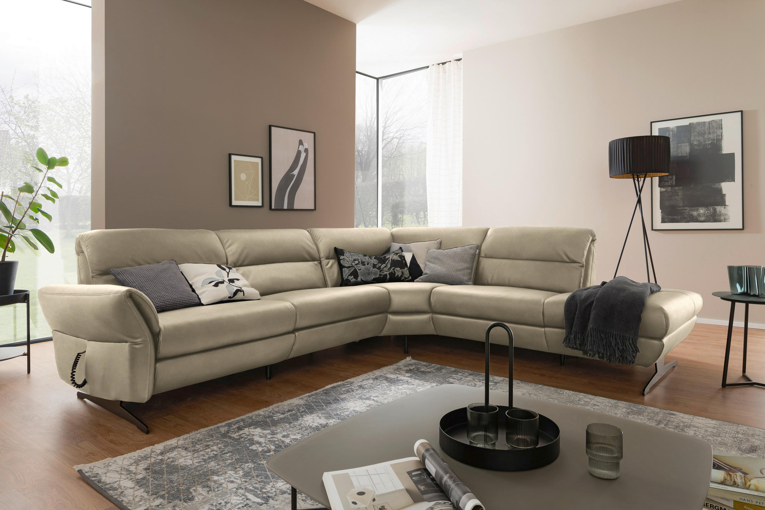 ECKSOFA Ecru Echtleder  - Ecru/Schwarz, Design, Leder/Metall (286/258cm) - Schöner Wohnen