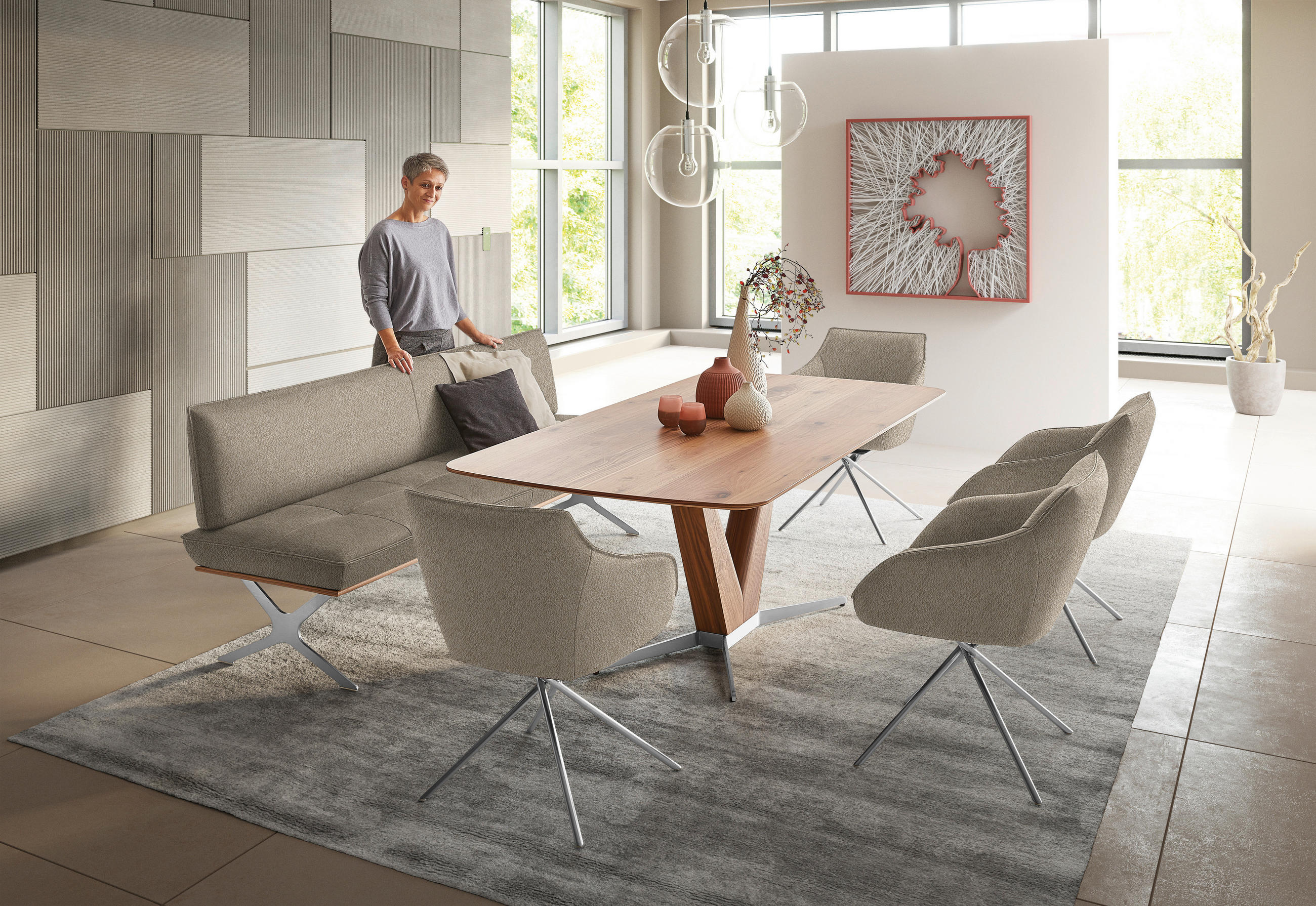 SITZBANK in Holz, Textil Nussbaumfarben, Nickelfarben, Beige  - Edelstahlfarben/Beige, Design, Holz/Textil (214/88/66cm) - Koinor