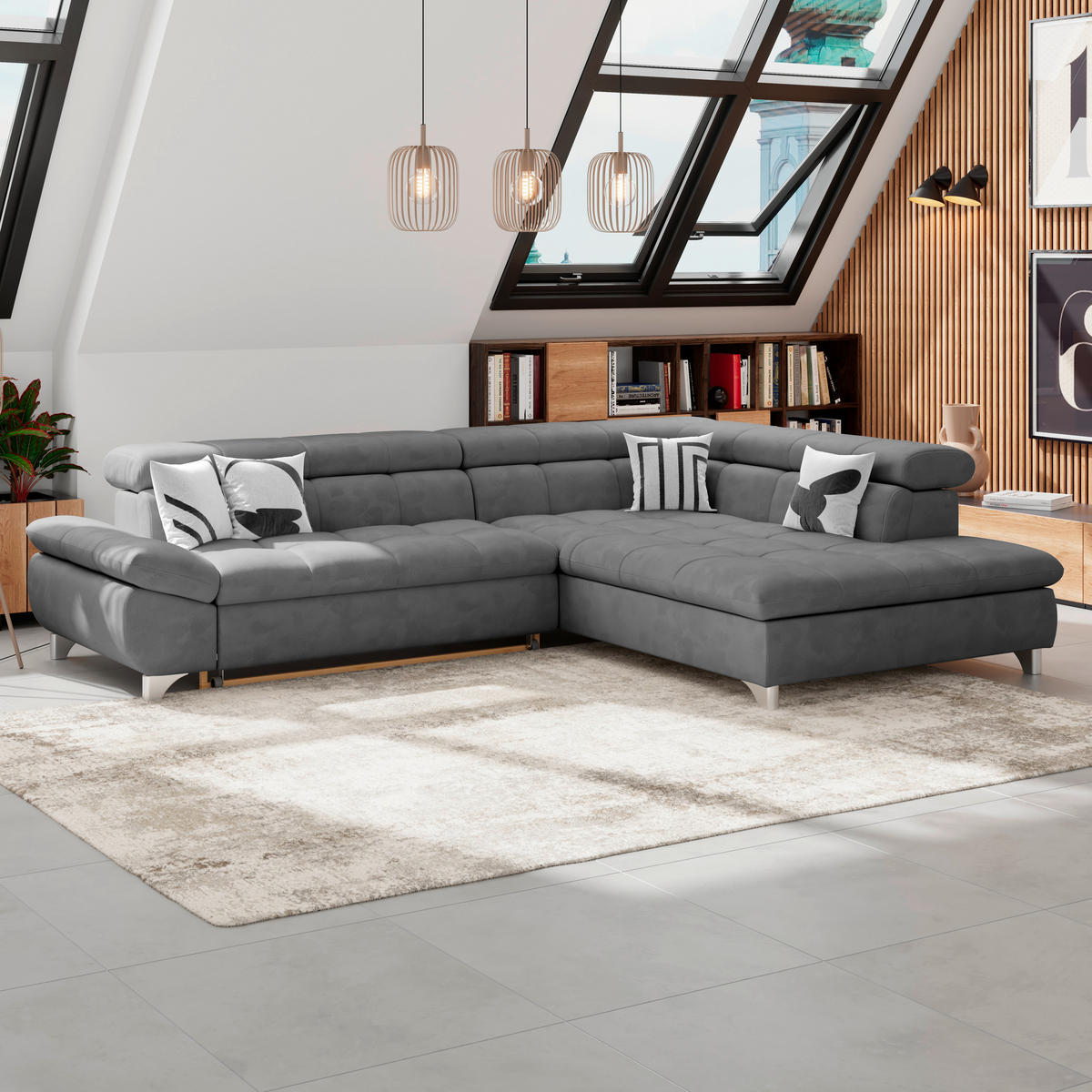 ECKSOFA Dunkelgrau Chenille  - Chromfarben/Dunkelgrau, KONVENTIONELL, Textil/Metall (312/234cm) - Livetastic