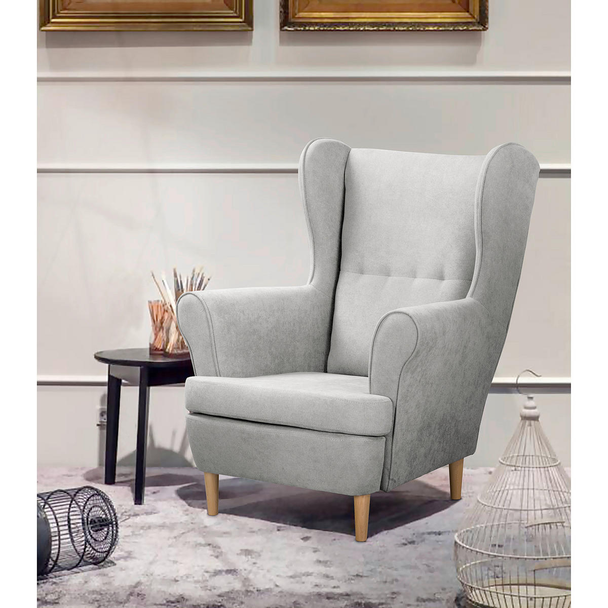 OHRENSESSEL Scandi Mikrofaser Hellgrau  - Hellgrau/Naturfarben, Design, Holz/Textil (87/105/90cm) - Livetastic