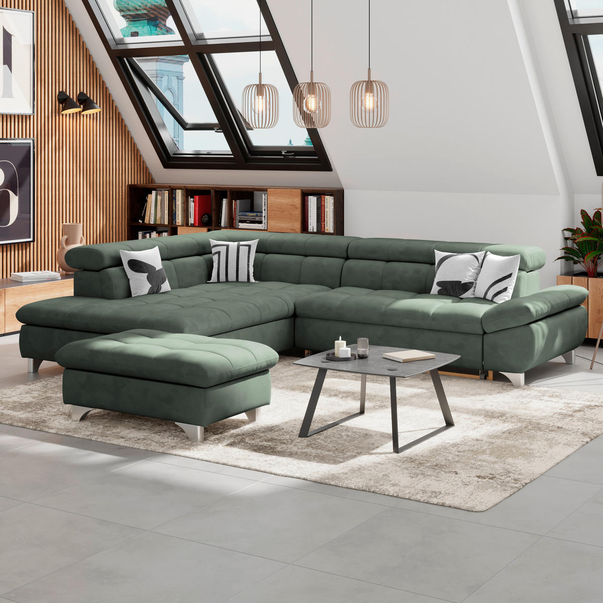 ECKSOFA Grün Chenille  - Chromfarben/Grün, KONVENTIONELL, Textil/Metall (234/312cm) - Livetastic
