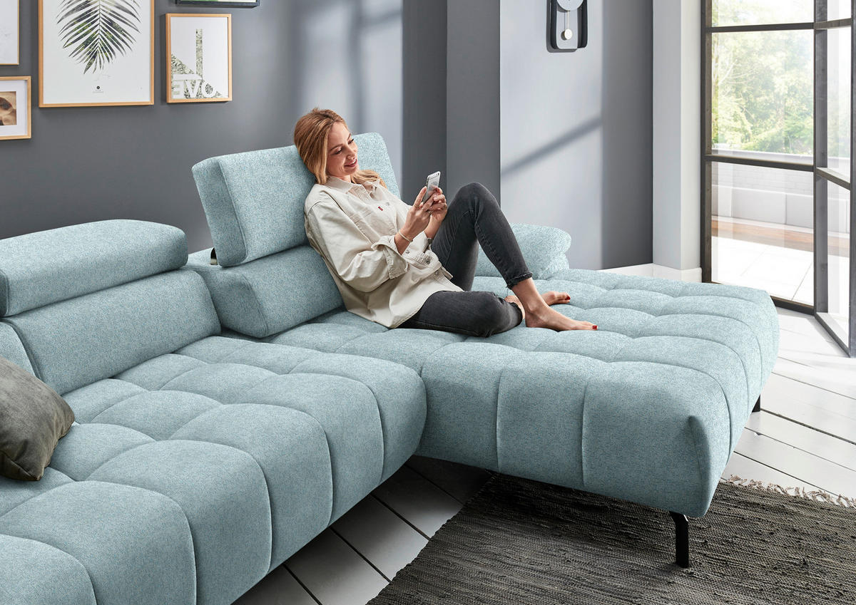 ECKSOFA in Chenille Hellblau  - Schwarz/Hellblau, Design, Textil/Metall (329/190cm) - Beldomo Style