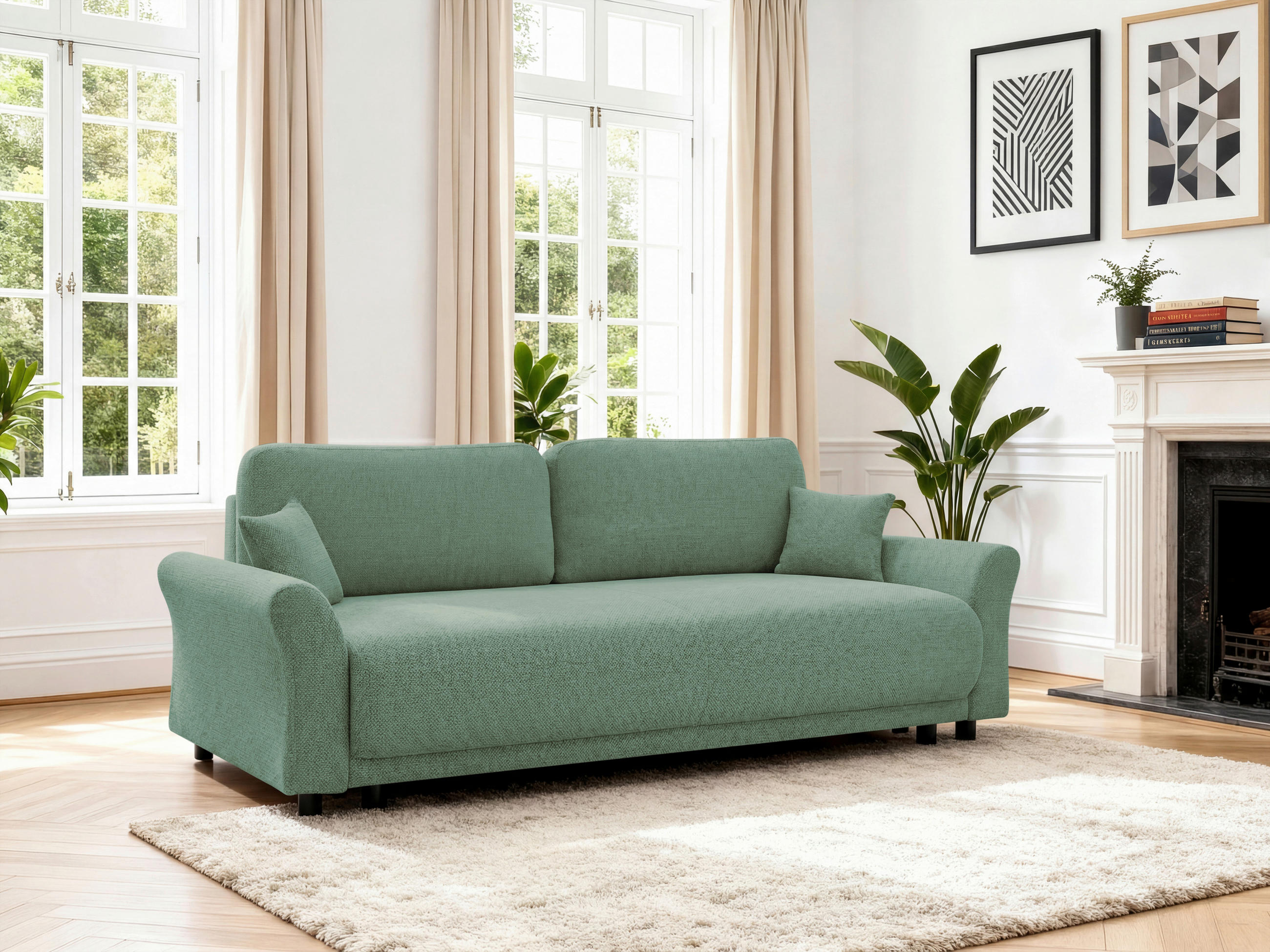 SCHLAFSOFA Flachgewebe, Struktur Grün  inkl. Zierkissen, Rückenkissen, Bettkasten, Schlaffunktion, Rücken echt  - Schwarz/Grün, Design, Textil (244/88/100cm) - P & B