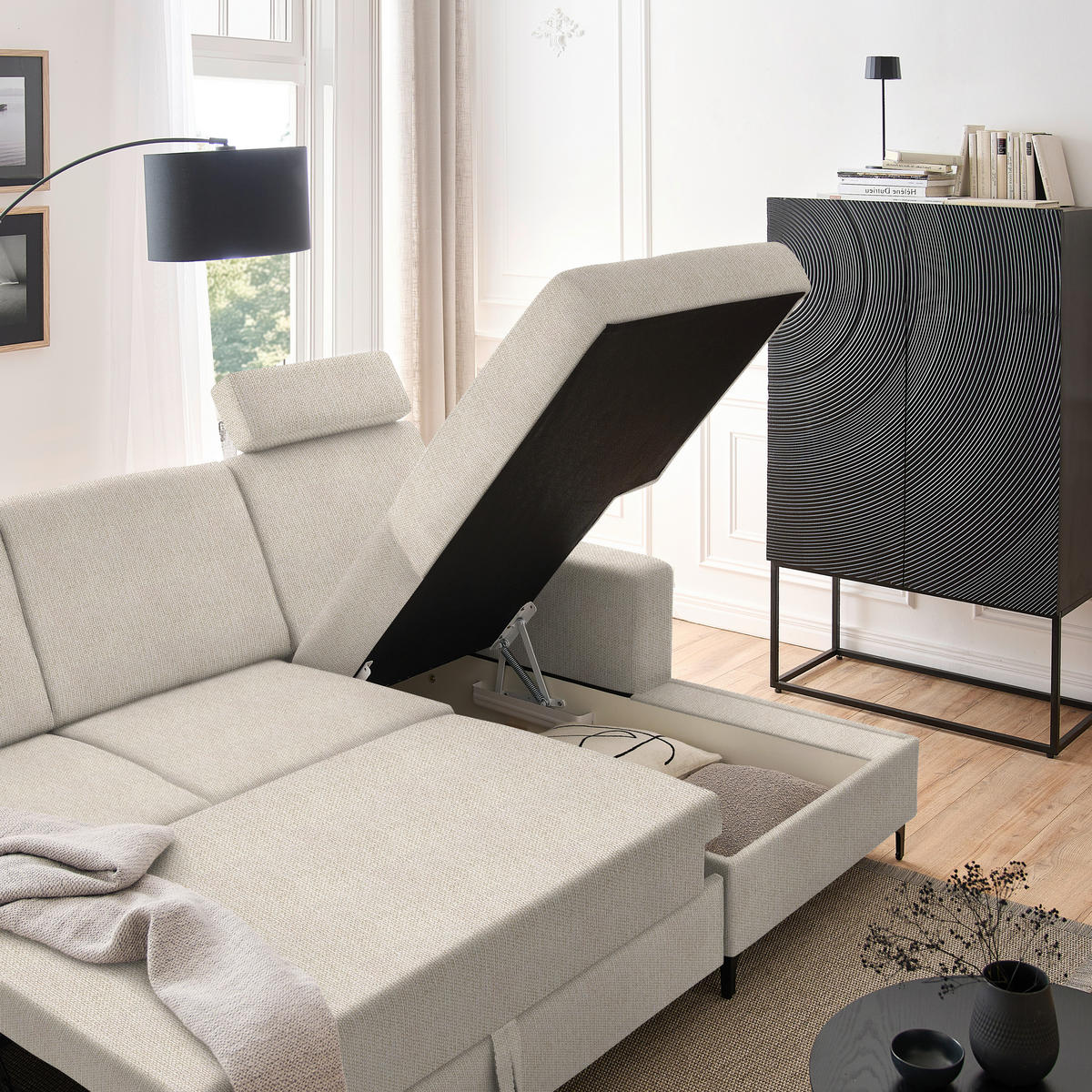 ECKSOFA in Webstoff Beige  - Beige/Schwarz, Konventionell, Textil/Metall (247/167cm) - Stylife