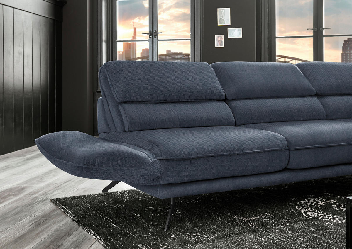 ECKSOFA in Velours Blau  - Blau/Schwarz, Design, Textil/Metall (283/153cm) - Valdera