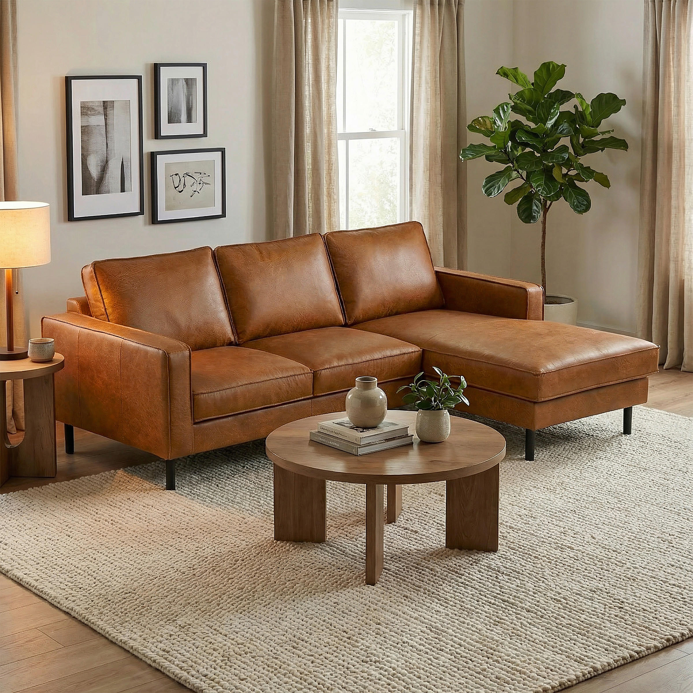 ECKSOFA  in Echtleder Cognac Rücken echt  238/166 cm  - Cognac/Schwarz, Design, Leder/Metall (238/166cm) - Livetastic