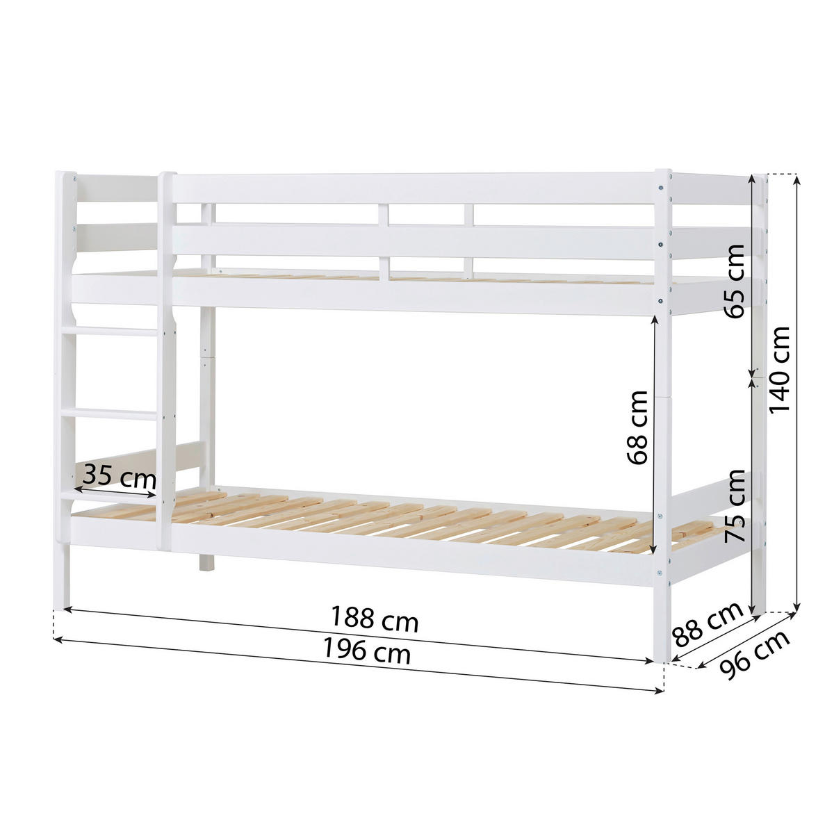 ETAGENBETT - Naturfarben/Weiß, MODERN, Holz (90/190cm) - MID.YOU