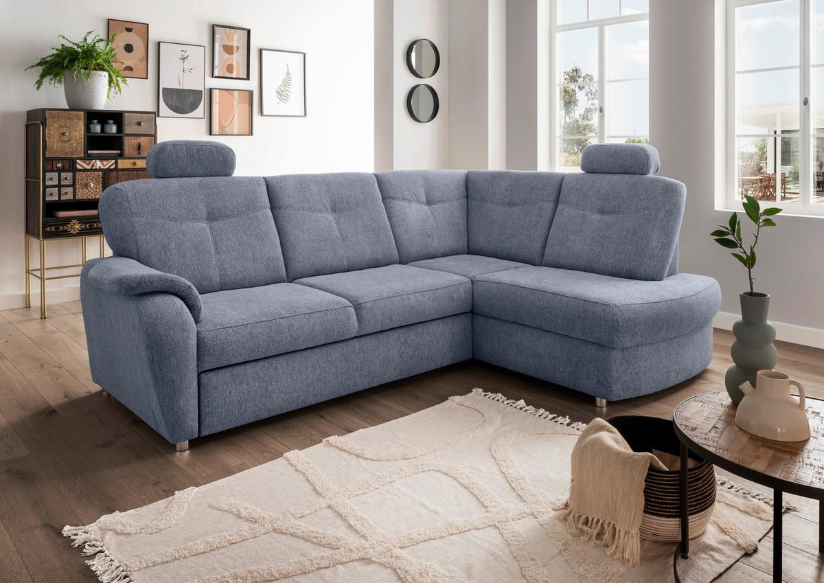 ECKSCHLAFSOFA  mit Liegefunktion, seitenverkehrt erhältlich, Schlafen auf Sitzhöhe, Rücken echt, Armteil links Chenille Hellblau  - Chromfarben/Hellblau, MODERN, Kunststoff/Textil (264/180cm) - Livetastic