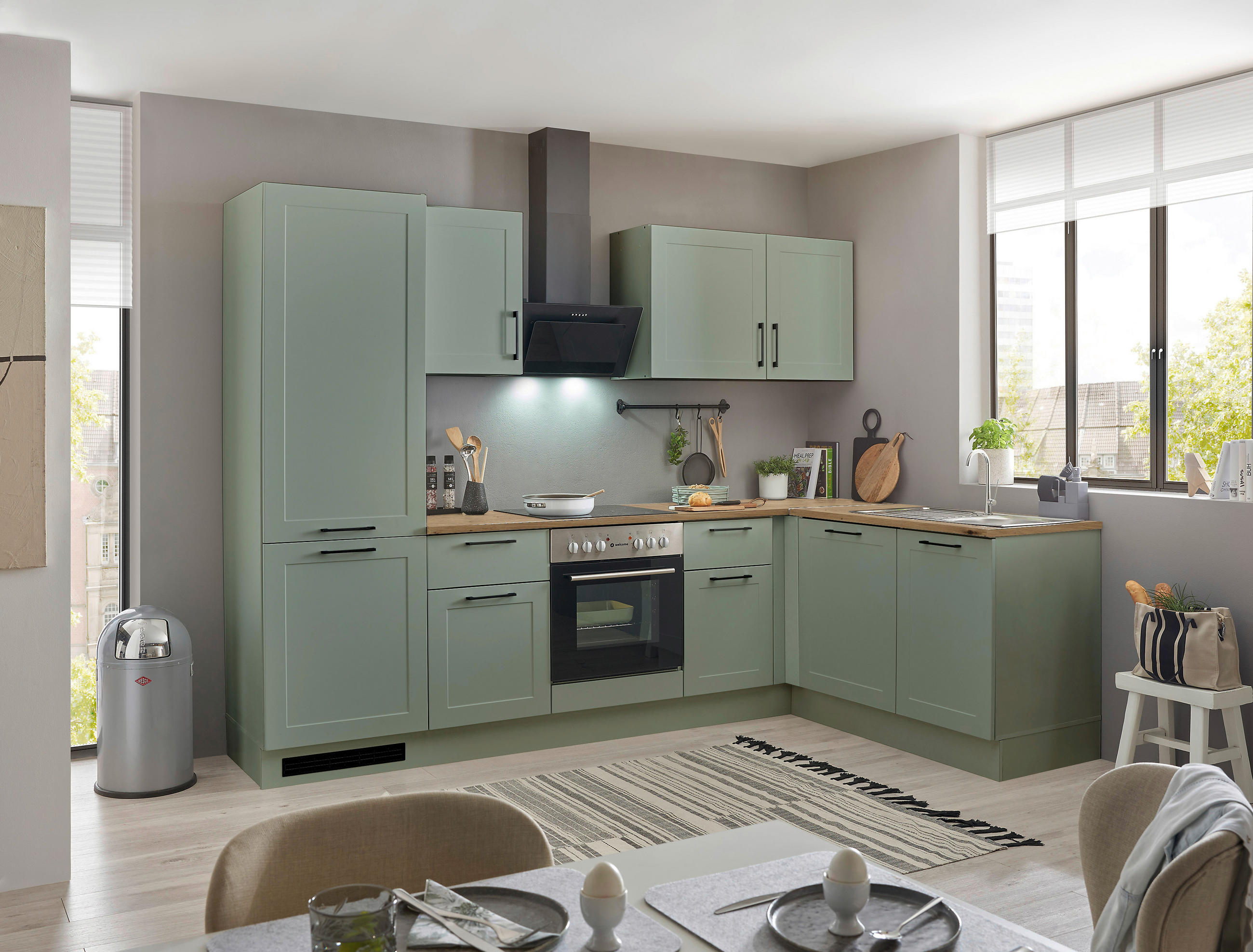 P & B Eckküche Marseille green2 Grün, Eiche Artisan 280x175 cm