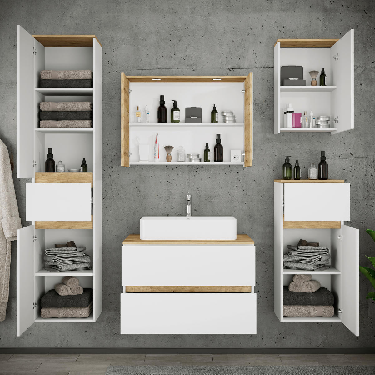 BADEZIMMER 6-teilig  in 160 cm  - Honigeiche/Weiß, Trend, Keramik/Holzwerkstoff (160cm) - MID.YOU