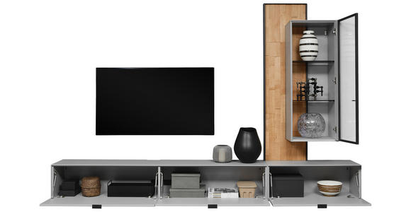 WOHNWAND  in Grau, Wildeiche  303,8/220,3/37,1 cm  - Wildeiche/Schwarz, Design, Glas/Holz (303,8/220,3/37,1cm) - Dieter Knoll