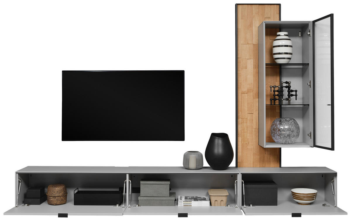 WOHNWAND  in Grau, Wildeiche 303,8/220,3/37,1 cm  - Wildeiche/Schwarz, Design, Glas/Holz (303,8/220,3/37,1cm) - Dieter Knoll