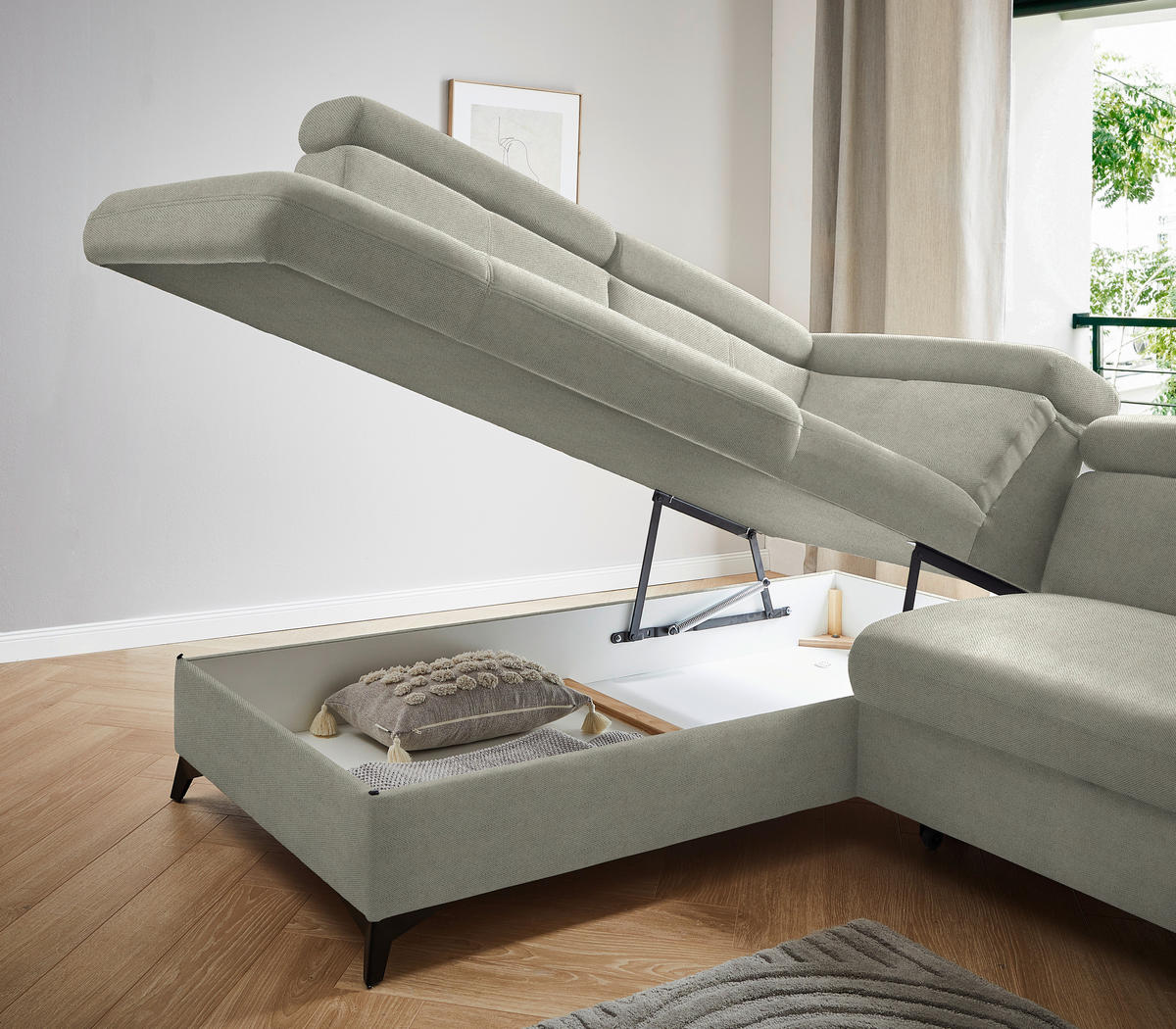 ECKSOFA in Webstoff Hellgrau  - Hellgrau/Schwarz, Design, Textil/Metall (203/260cm) - Stylife