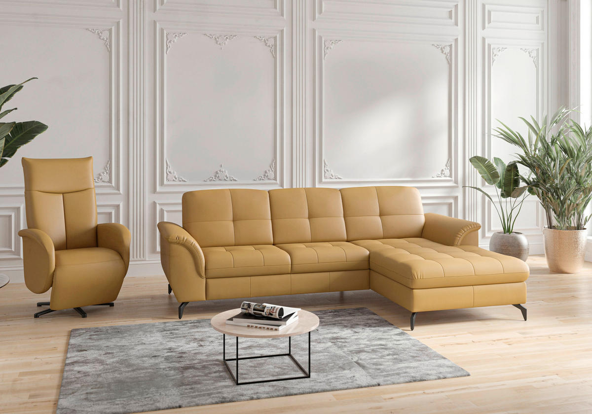 ECKSOFA in Echtleder Currygelb  - Currygelb/Schwarz, Modern, Leder/Metall (262/164cm) - Sit & More