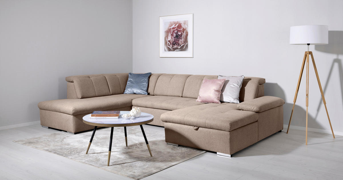 WOHNLANDSCHAFT Hellbraun  - Hellbraun/Grau, Design, Textil/Metall (215/328/173cm) - MID.YOU